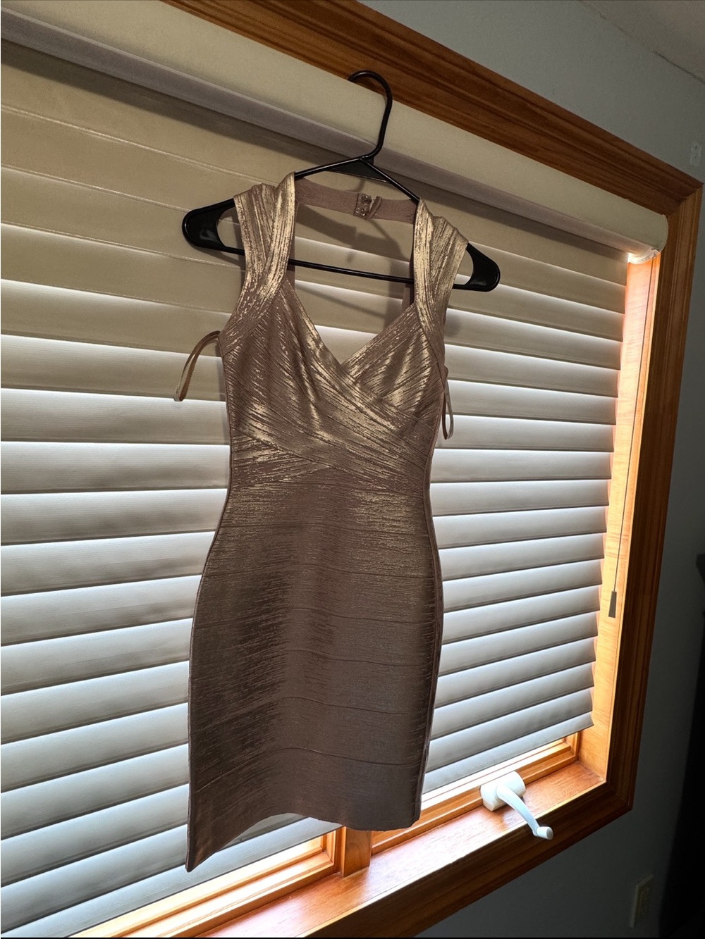 Herve Leger Metallic Taupe Ruched Bandage Mini Dress